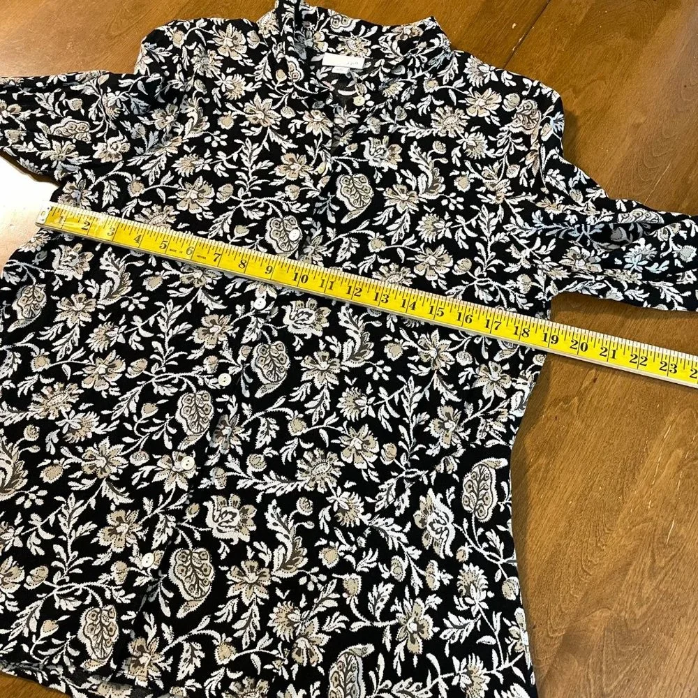 J. Jill Women's Black Floral Rayon 3/4 Sleeve Button Up Shirt Top Blouse Sz M